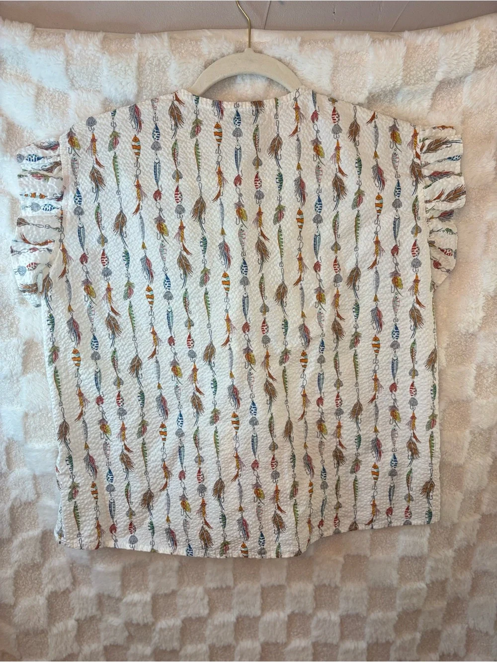 Koch off White Feather/Fishing Print Flutter Sleeves Women’s Top size XS